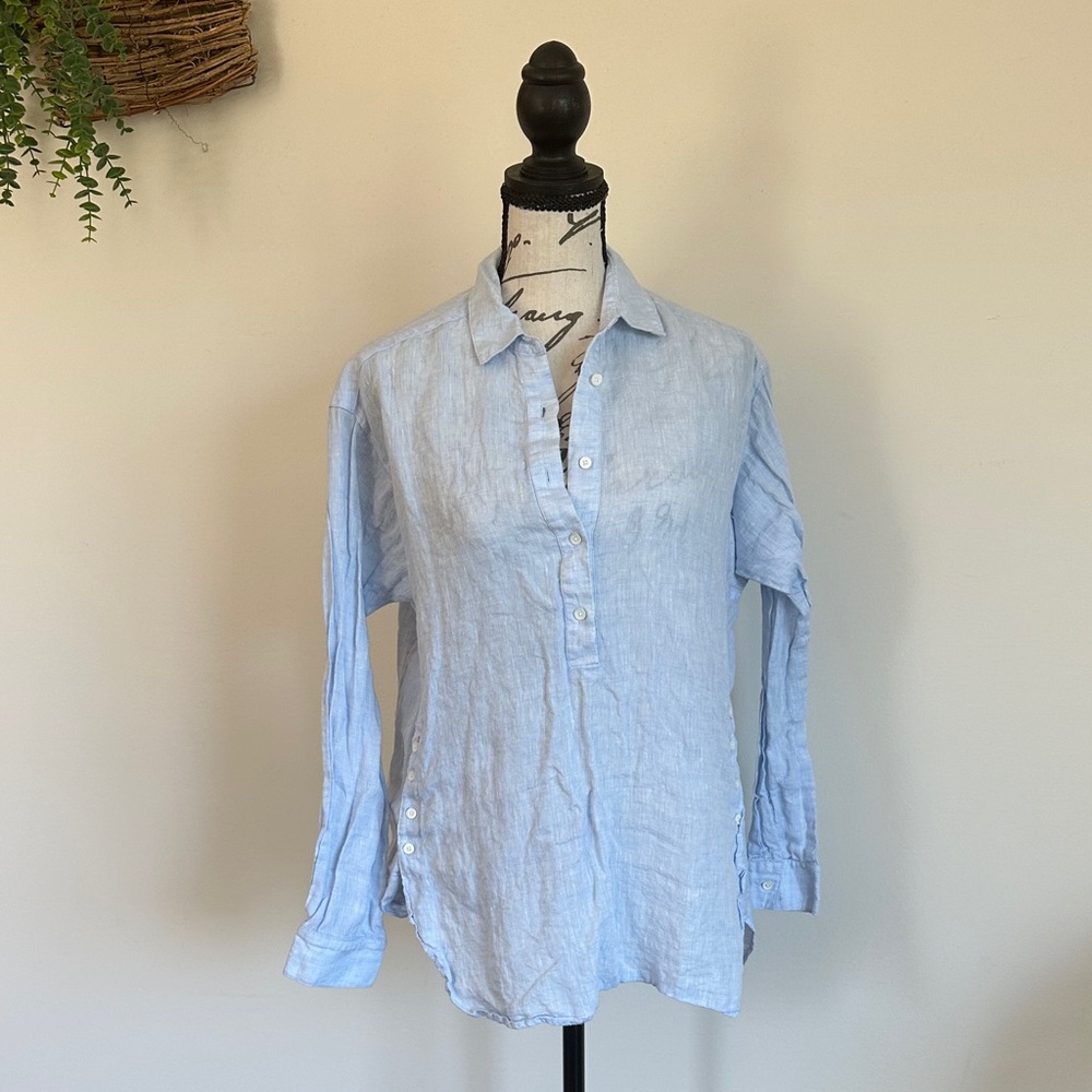Light Blue Linen Button Pullover Shirt